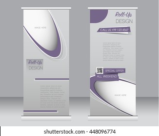 Roll up banner stand template. Abstract background for design,  business, education, advertisement.  Purple color. Vector  illustration.