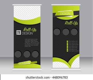 Roll up banner stand template. Abstract background for design,  business, education, advertisement.  Green and black color. Vector  illustration.