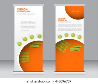 Roll up banner stand template. Abstract background for design,  business, education, advertisement.  Green and orange color. Vector  illustration.