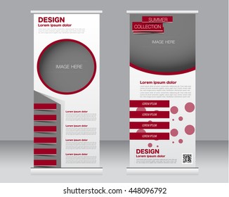 Roll up banner stand template. Abstract background for design,  business, education, advertisement.  Red color. Vector  illustration.