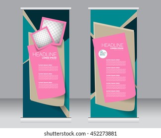 Roll up banner stand template. Abstract background for design,  business, education, advertisement.  Green and pink color. Vector  illustration.
