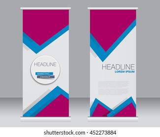 Roll up banner stand template. Abstract background for design,  business, education, advertisement.  Pink and blue color. Vector  illustration.