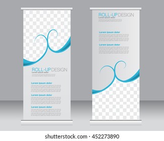 Roll up banner stand template. Abstract background for design,  business, education, advertisement.  Blue color. Vector  illustration.