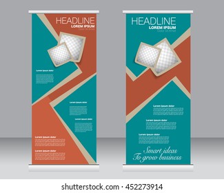 Roll up banner stand template. Abstract background for design,  business, education, advertisement.  Green and red color. Vector  illustration.