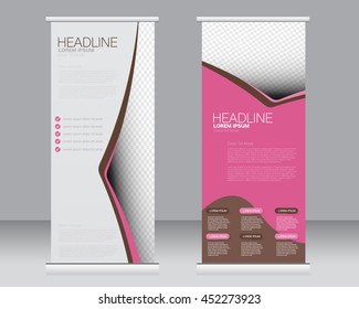 Roll up banner stand template. Abstract background for design,  business, education, advertisement.  Pink and brown color. Vector  illustration.