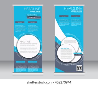 Roll up banner stand template. Abstract background for design,  business, education, advertisement.  Blue color. Vector  illustration.
