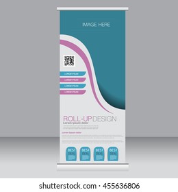 Roll up banner stand template. Abstract background for design,  business, education, advertisement. Pink and blue color. Vector  illustration