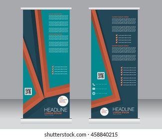 Roll up banner stand template. Abstract background for design,  business, education, advertisement. Blue, green, and orange color. Vector  illustration.