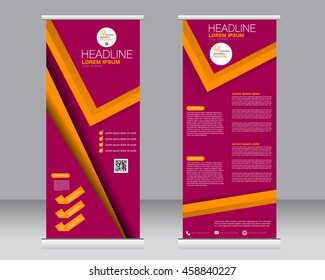 Roll up banner stand template. Abstract background for design,  business, education, advertisement. Pink and orange color. Vector  illustration.