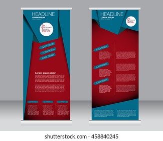 Roll up banner stand template. Abstract background for design,  business, education, advertisement.  Blue and red color. Vector  illustration.