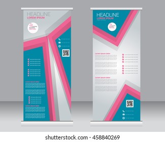 Roll up banner stand template. Abstract background for design,  business, education, advertisement. Pink and blue color. Vector  illustration.