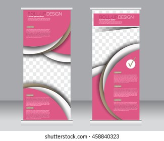 Roll up banner stand template. Abstract background for design,  business, education, advertisement. Pink color. Vector  illustration.