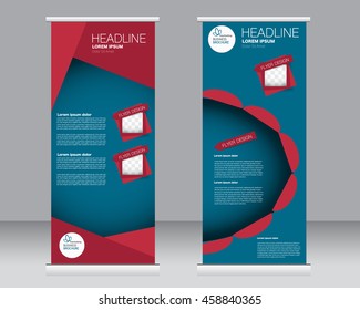 Roll up banner stand template. Abstract background for design,  business, education, advertisement.  Blue and red color. Vector  illustration.