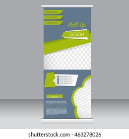 Roll up banner stand template. Abstract background for design,  business, education, advertisement. Grey and green color. Vector  illustration