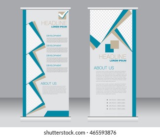 Roll up banner stand template. Abstract background for design,  business, education, advertisement.  Blue color. Vector  illustration.