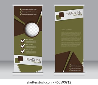 Roll up banner stand template. Abstract background for design,  business, education, advertisement.  Green and brown color. Vector  illustration.