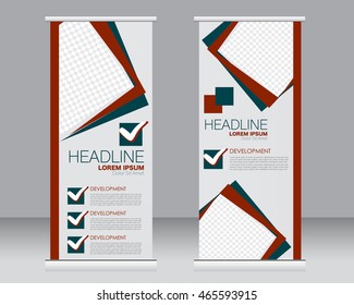 Roll up banner stand template. Abstract background for design,  business, education, advertisement.  Red and green color. Vector  illustration.