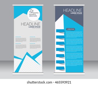 Roll up banner stand template. Abstract background for design,  business, education, advertisement.  Blue color. Vector  illustration.