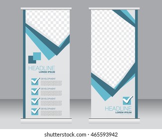 Roll up banner stand template. Abstract background for design,  business, education, advertisement.  Blue color. Vector  illustration.
