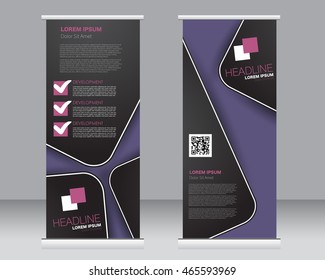 Roll up banner stand template. Abstract background for design,  business, education, advertisement. Purple and black color. Vector  illustration.