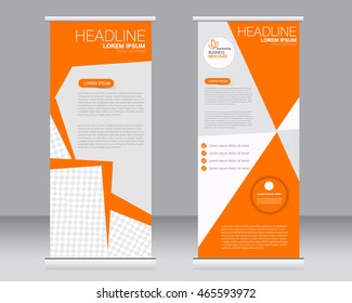 Roll up banner stand template. Abstract background for design,  business, education, advertisement.  Orange color. Vector  illustration.