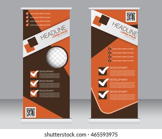 Roll up banner stand template. Abstract background for design,  business, education, advertisement.  Orange and brown color. Vector  illustration.