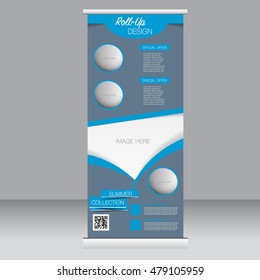 Roll up banner stand template. Abstract background for design,  business, education, advertisement. Blue color. Vector  illustration.