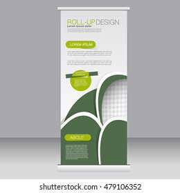 Roll up banner stand template. Abstract background for design,  business, education, advertisement. Green color. Vector  illustration.