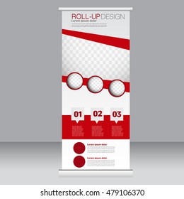 Roll up banner stand template. Abstract background for design,  business, education, advertisement. Red color. Vector  illustration.