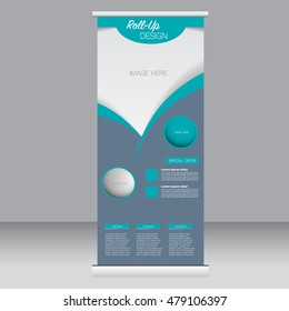 Roll up banner stand template. Abstract background for design,  business, education, advertisement. Grey and green color. Vector  illustration.
