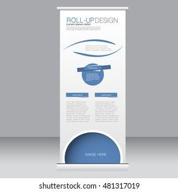 Roll up banner stand template. Abstract background for design,  business, education, advertisement. Blue color. Vector  illustration.