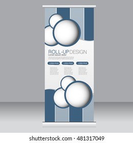 Roll up banner stand template. Abstract background for design,  business, education, advertisement. Blue color. Vector  illustration.
