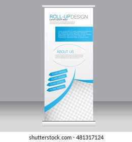 Roll up banner stand template. Abstract background for design,  business, education, advertisement. Blue color. Vector  illustration.