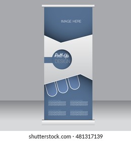 Roll up banner stand template. Abstract background for design,  business, education, advertisement. Blue color. Vector  illustration.