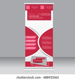 Roll up banner stand template. Abstract background for design,  business, education, advertisement. Red color. Vector  illustration.