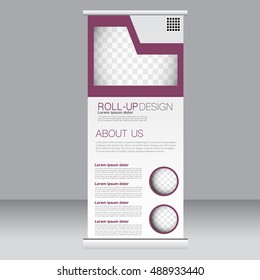 Roll up banner stand template. Abstract background for design,  business, education, advertisement. Purple color. Vector  illustration.
