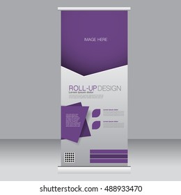 Roll up banner stand template. Abstract background for design,  business, education, advertisement. Purple color. Vector  illustration.
