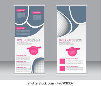 Roll up banner stand template. Abstract background for design,  business, education, advertisement.  Grey and pink color. Vector  illustration.