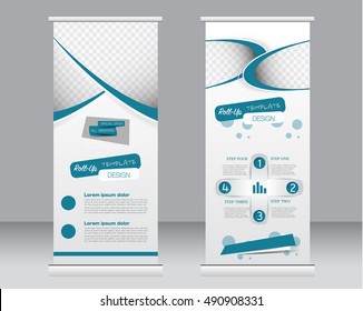 Roll up banner stand template. Abstract background for design,  business, education, advertisement.  Blue color. Vector  illustration.