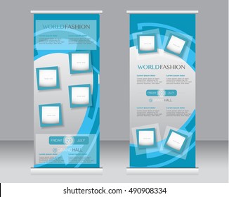 Roll Up Banner Stand Template. Abstract Background For Design,  Business, Education, Advertisement.  Blue Color. Vector  Illustration.