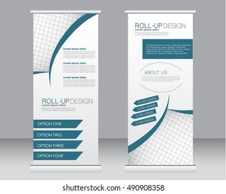 Roll up banner stand template. Abstract background for design,  business, education, advertisement.  Blue color. Vector  illustration.