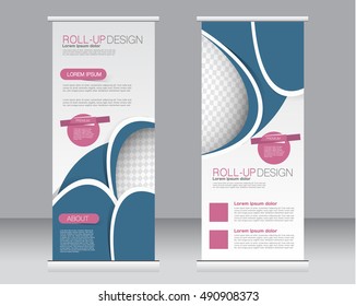 Roll up banner stand template. Abstract background for design,  business, education, advertisement.  Blue and pink color. Vector  illustration.