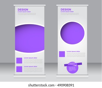 Roll up banner stand template. Abstract background for design,  business, education, advertisement.  Purple color. Vector  illustration.