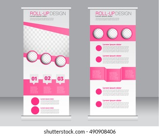 Roll up banner stand template. Abstract background for design,  business, education, advertisement.  Pink color. Vector  illustration.