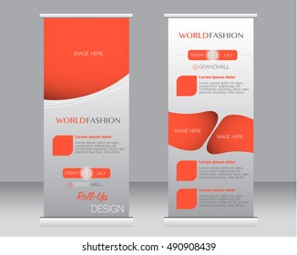 Roll up banner stand template. Abstract background for design,  business, education, advertisement.  Orange color. Vector  illustration.