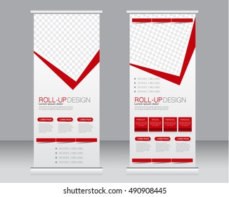 Roll up banner stand template. Abstract background for design,  business, education, advertisement.  Red color. Vector  illustration.