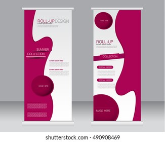 Roll up banner stand template. Abstract background for design,  business, education, advertisement.  Pink color. Vector  illustration.