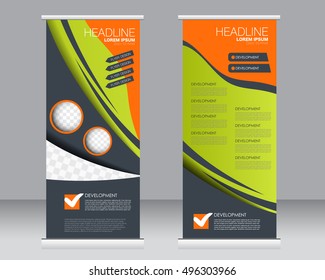 Roll up banner stand template. Abstract background for design,  business, education, advertisement. Green and orange color. Vector  illustration.