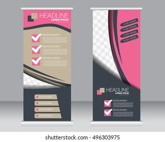 Roll up banner stand template. Abstract background for design,  business, education, advertisement. Pink and brown color. Vector  illustration.