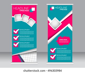 Roll up banner stand template. Abstract background for design,  business, education, advertisement. Green and pink color. Vector  illustration.